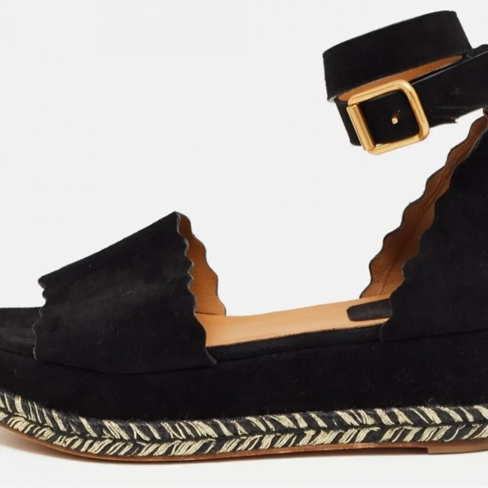 Chloe Black Suede Lauren Espadrille Wedge Sandals Size 36
